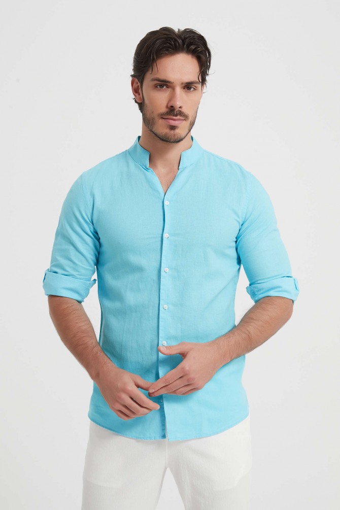 Fitted linen shawl collar shirt