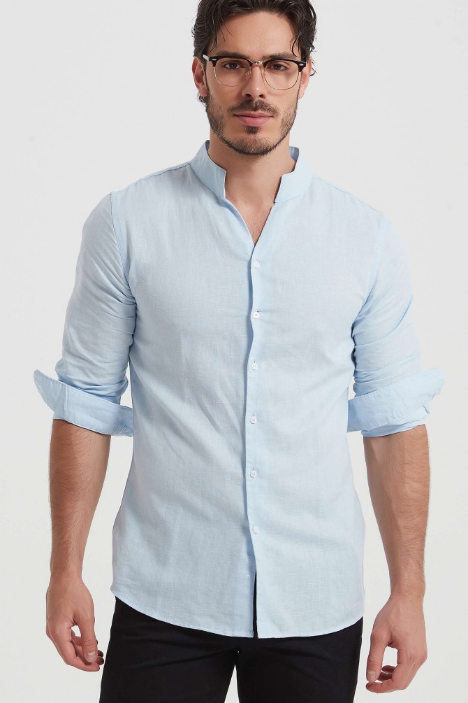 Fitted linen shawl collar shirt