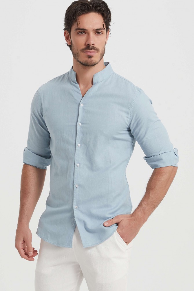Fitted linen shawl collar shirt
