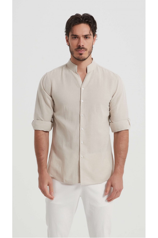 Chemise col châle en lin coupe ajustée