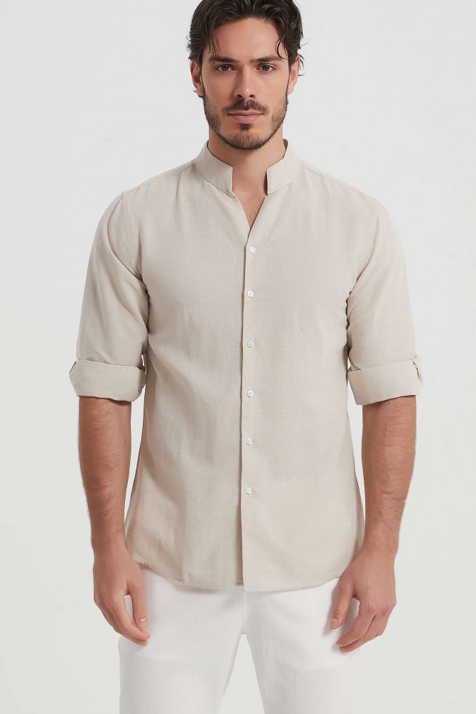Fitted linen shawl collar shirt