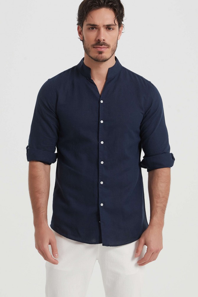 Fitted linen shawl collar shirt
