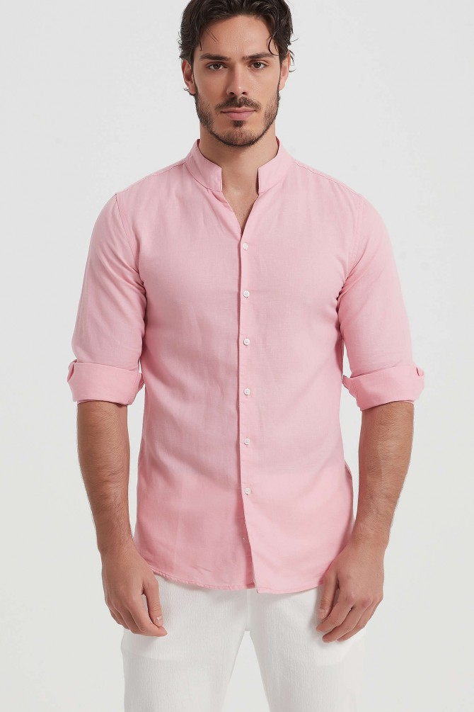 Fitted linen shawl collar shirt