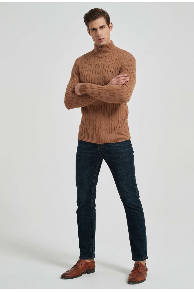 Cable knit high zip neck jumper with logo
