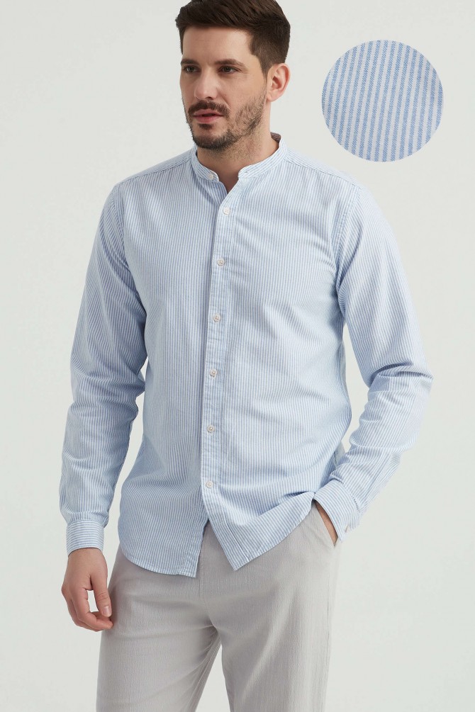 Oxford striped shirt mandarin collar